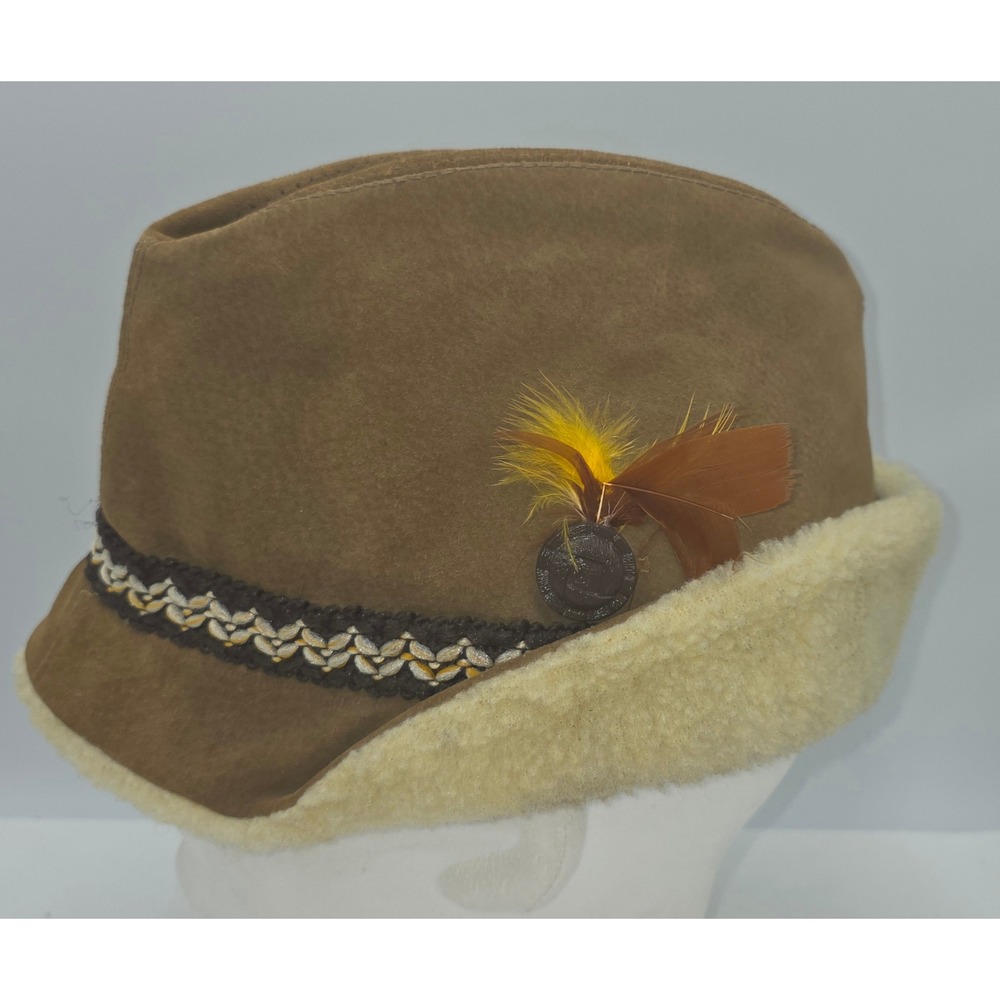 Suede and Shearling Hat Mens Large Alpine Tyrolean Style‎ Feather Trim USA Made